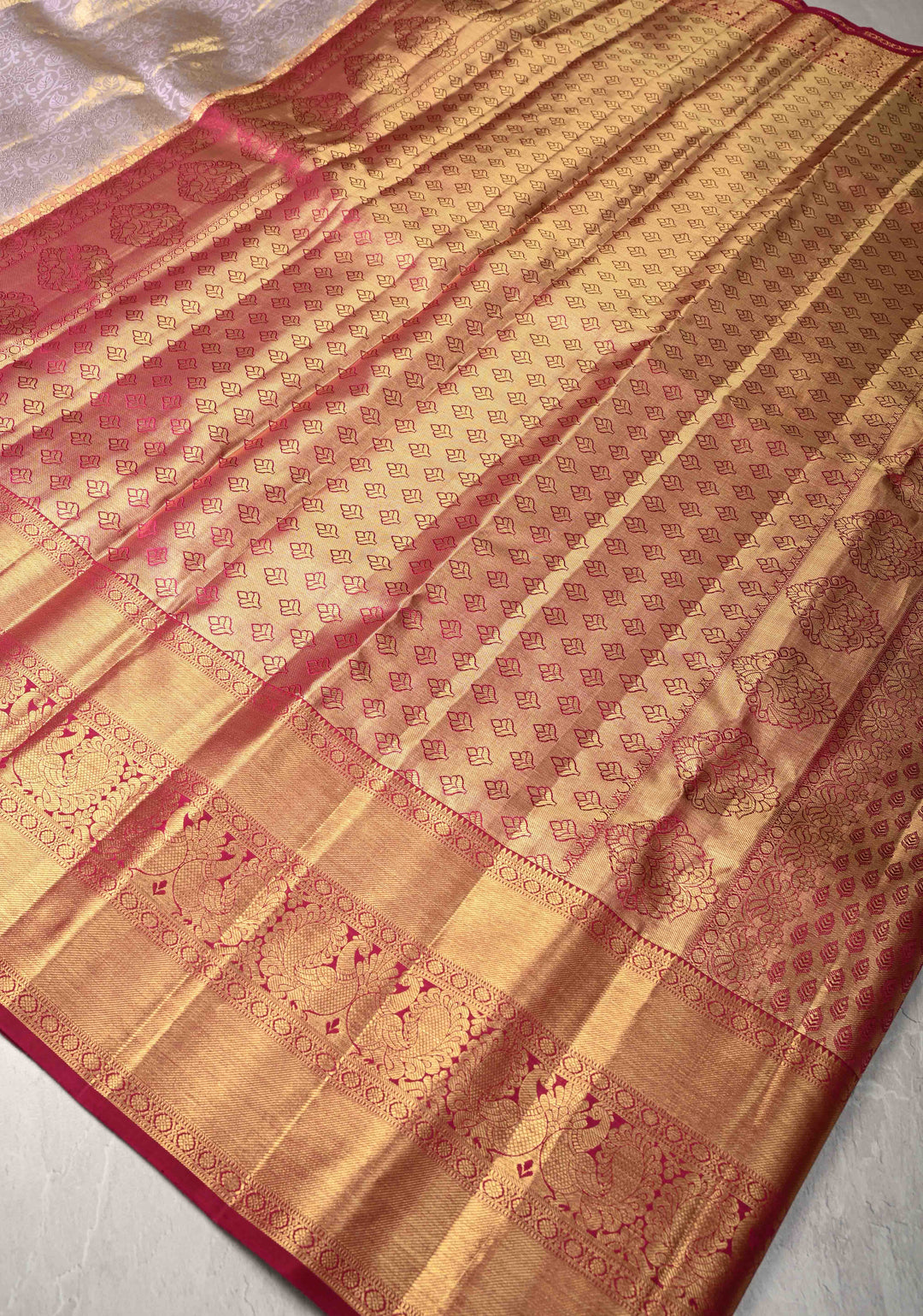Lilac Korvai Tissue Kanjivaram Pure Silk Saree with Meenakari Floral Brocade and Contrast Zari Border | SILK MARK CERTIFIED