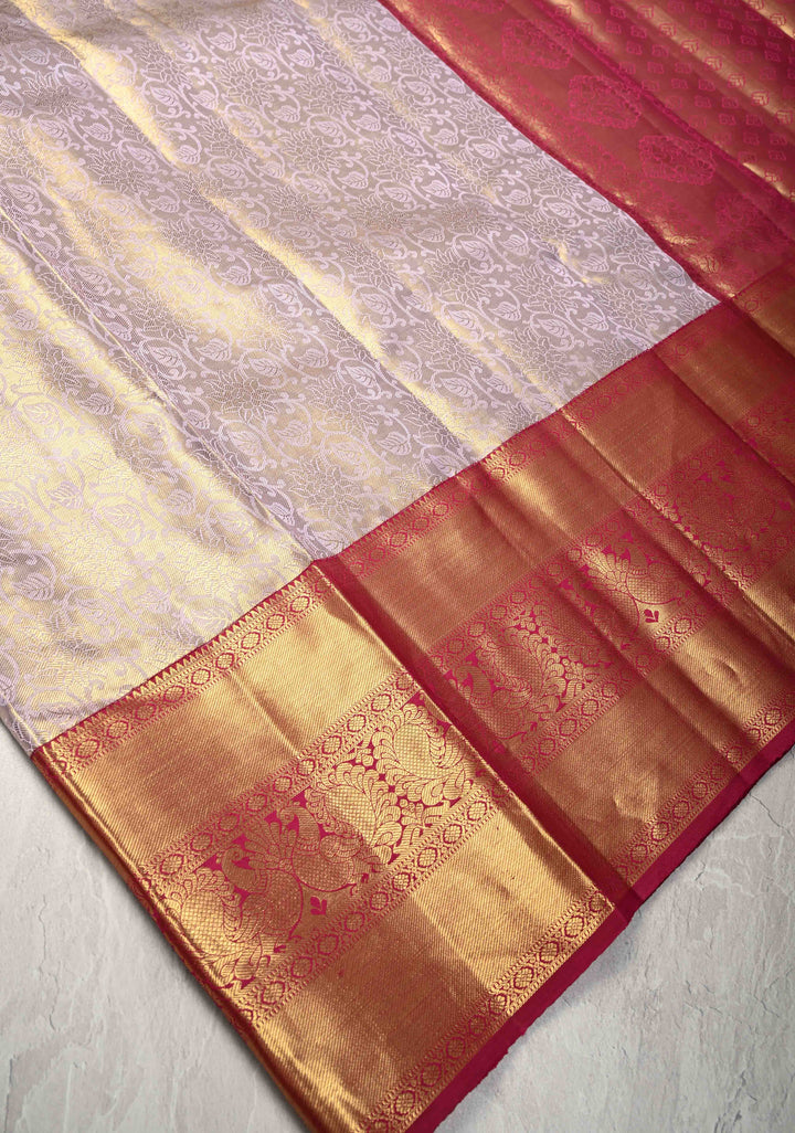 Lilac Korvai Tissue Kanjivaram Pure Silk Saree with Meenakari Floral Brocade and Contrast Zari Border | SILK MARK CERTIFIED