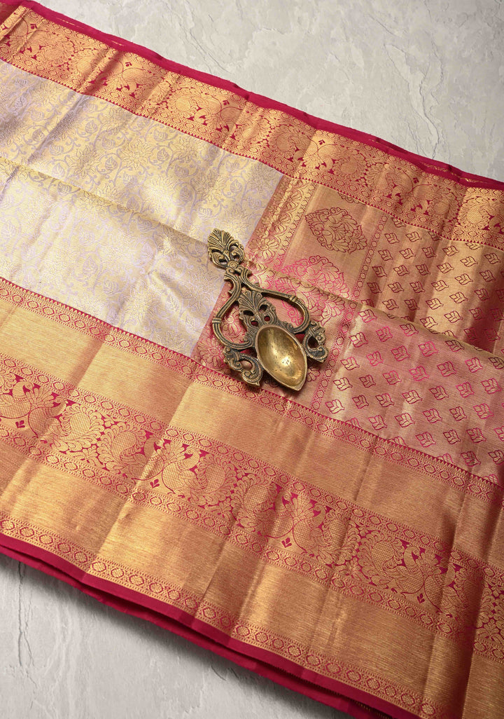 Lilac Korvai Tissue Kanjivaram Pure Silk Saree with Meenakari Floral Brocade and Contrast Zari Border | SILK MARK CERTIFIED