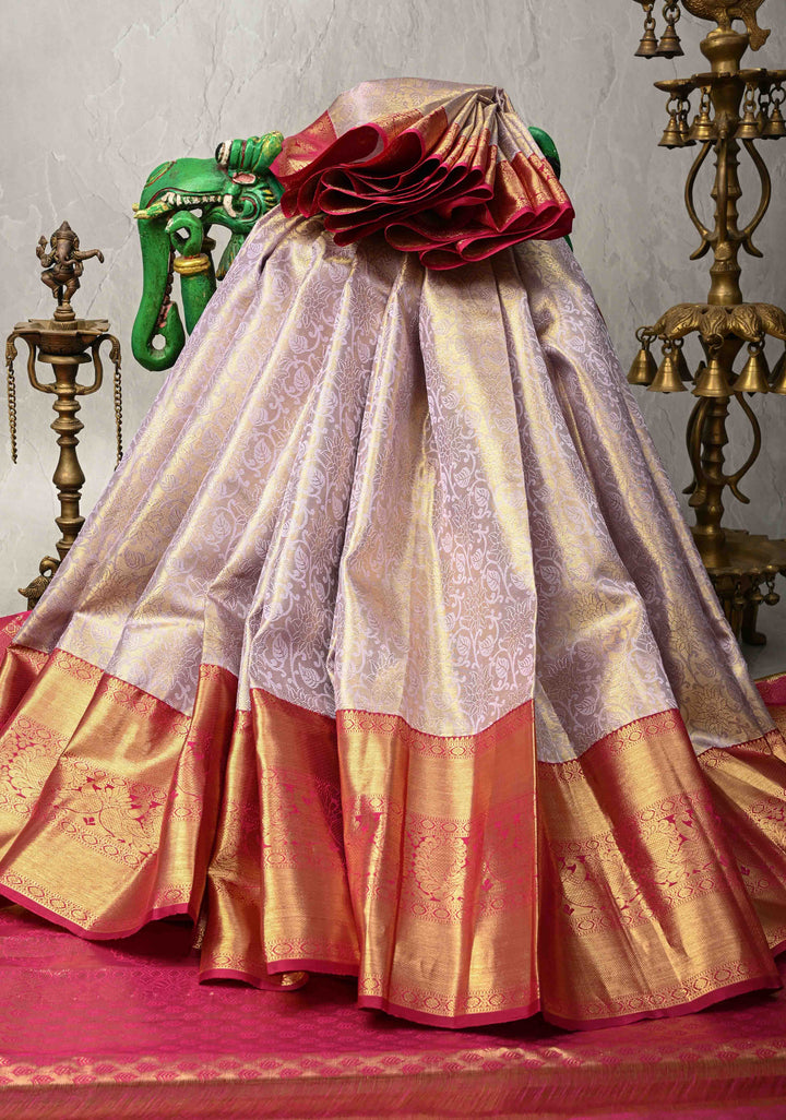 Lilac Korvai Tissue Kanjivaram Pure Silk Saree with Meenakari Floral Brocade and Contrast Zari Border | SILK MARK CERTIFIED