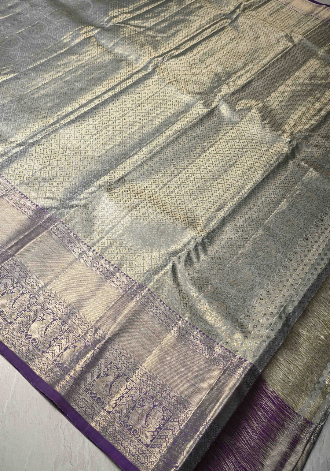 Powder Blue-Gold Tissue Kanjivaram Pure Silk Saree with Brocade and Zari Border | SILK MARK CERTIFIED