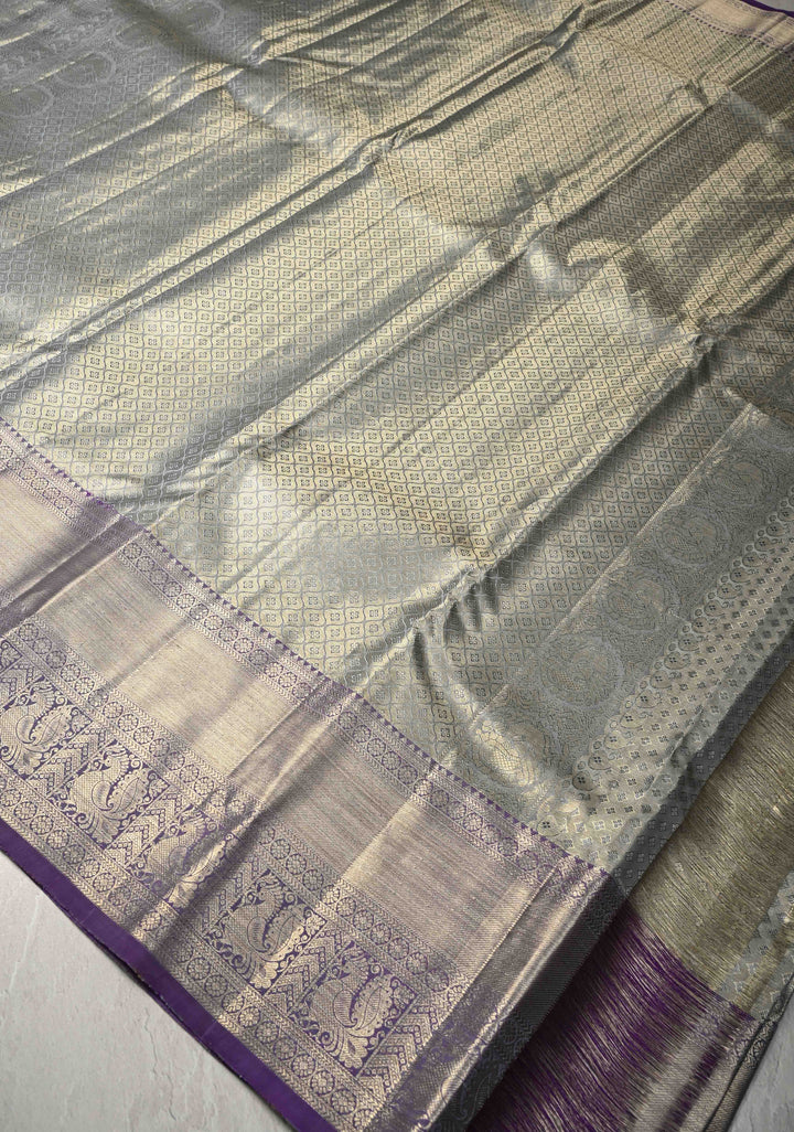 Powder Blue-Gold Tissue Kanjivaram Pure Silk Saree with Brocade and Zari Border | SILK MARK CERTIFIED