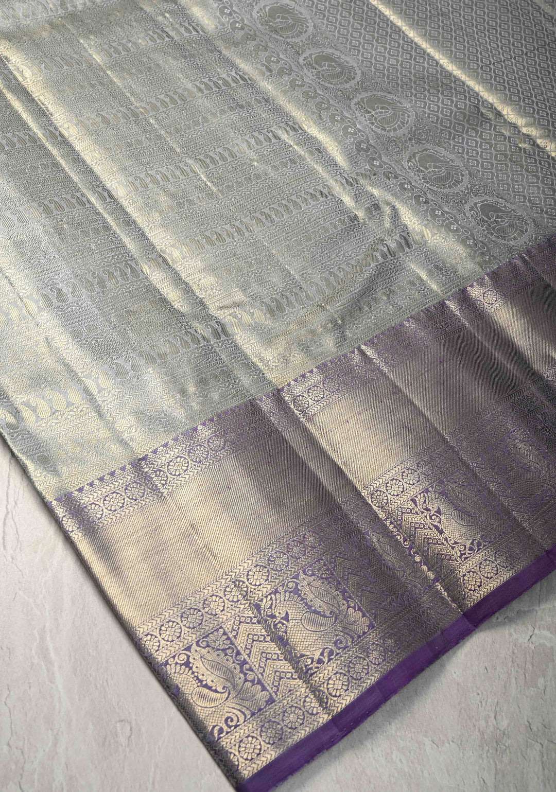 Powder Blue-Gold Tissue Kanjivaram Pure Silk Saree with Brocade and Zari Border | SILK MARK CERTIFIED