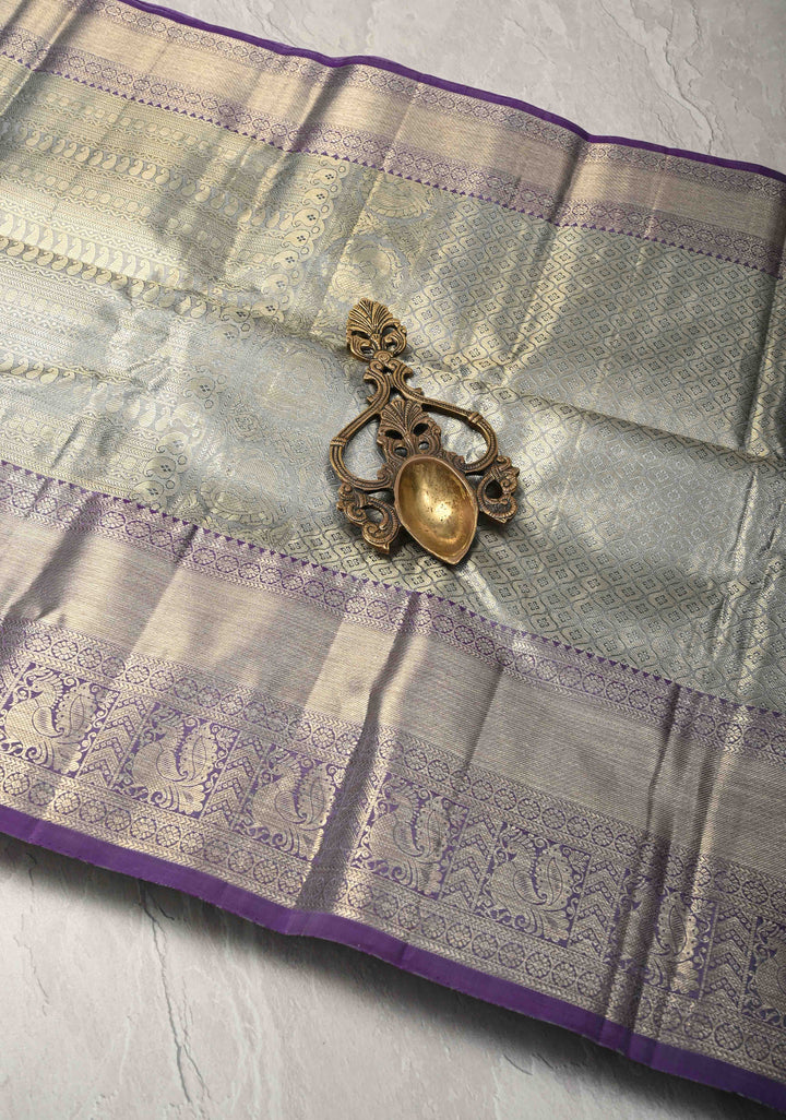 Powder Blue-Gold Tissue Kanjivaram Pure Silk Saree with Brocade and Zari Border | SILK MARK CERTIFIED
