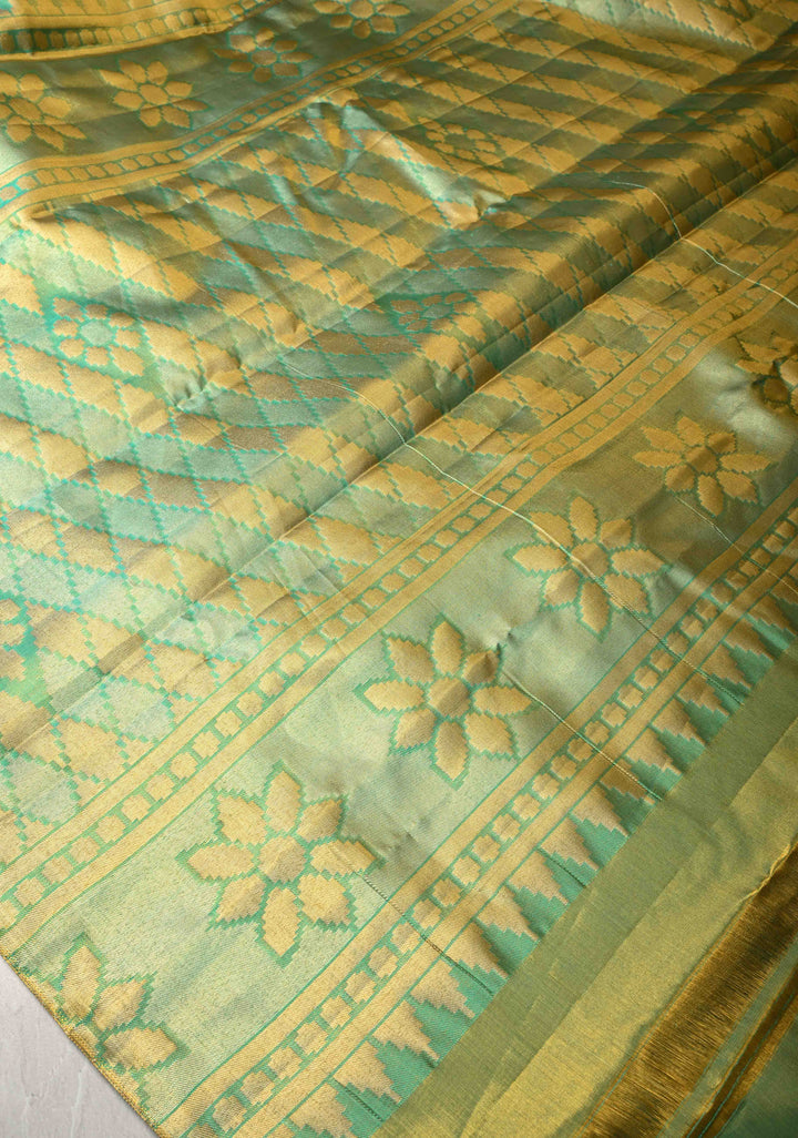 Orange Dual Tone Tissue Meenakari Floral and Birds Motif Kanjivaram Pure Silk Saree with Contrast Border  | SILK MARK CERTIFIED