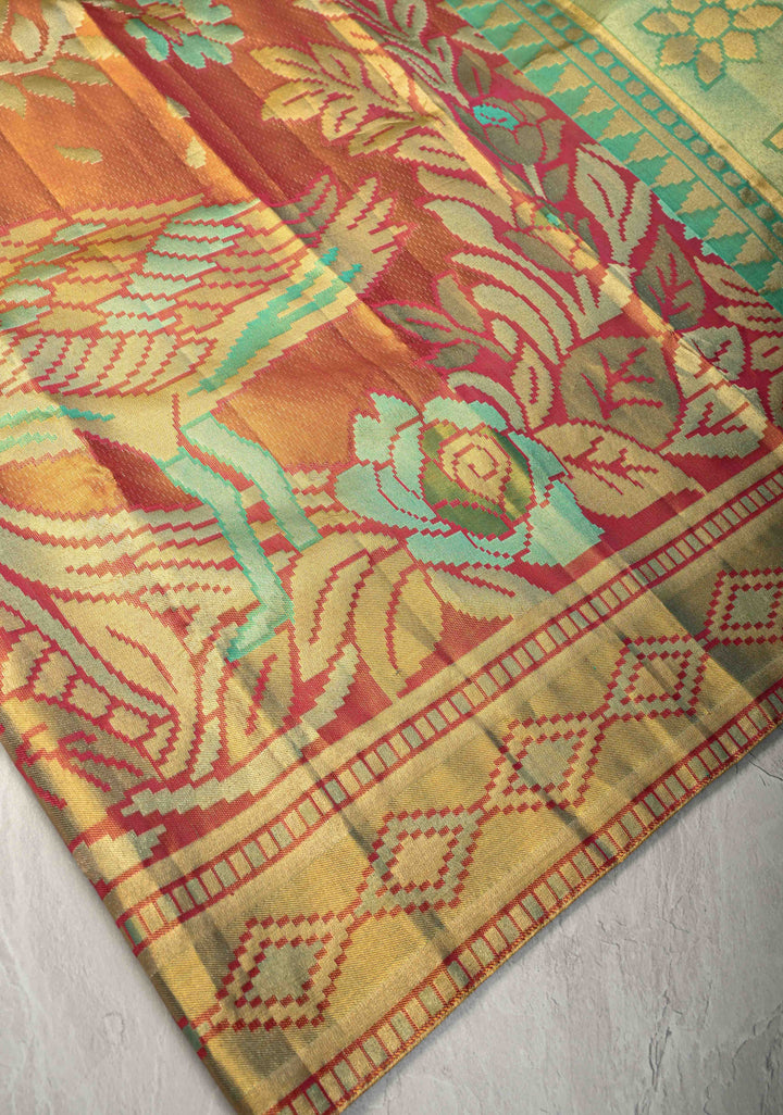 Orange Dual Tone Tissue Meenakari Floral and Birds Motif Kanjivaram Pure Silk Saree with Contrast Border  | SILK MARK CERTIFIED