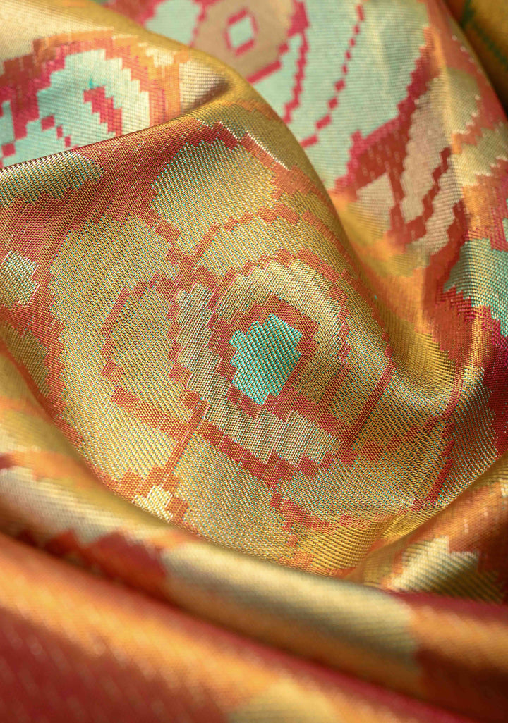 Orange Dual Tone Tissue Meenakari Floral and Birds Motif Kanjivaram Pure Silk Saree with Contrast Border  | SILK MARK CERTIFIED