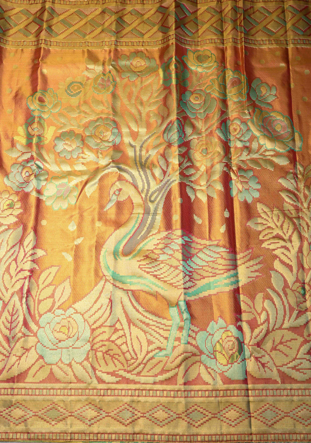 Orange Dual Tone Tissue Meenakari Floral and Birds Motif Kanjivaram Pure Silk Saree with Contrast Border  | SILK MARK CERTIFIED