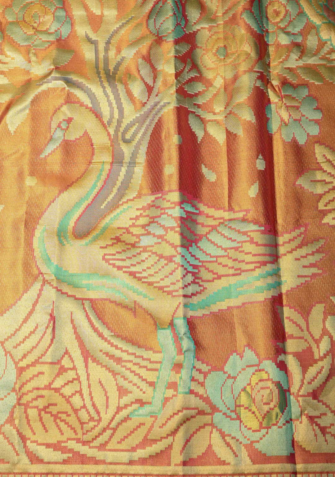 Orange Dual Tone Tissue Meenakari Floral and Birds Motif Kanjivaram Pure Silk Saree with Contrast Border  | SILK MARK CERTIFIED