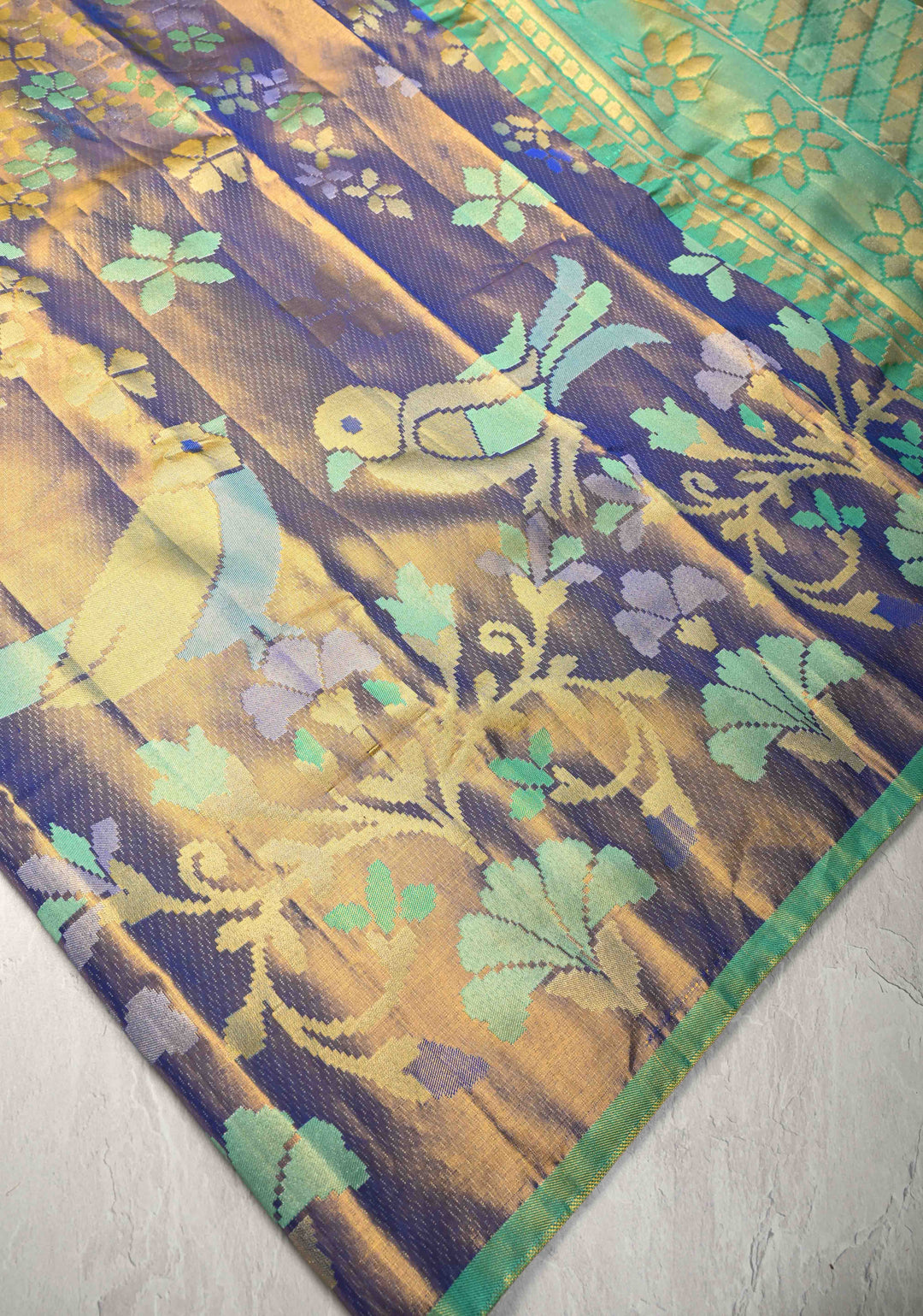 Purple-Gold Borderless Tissue Kanjivaram Pure Silk Saree with Meenakari Floral and Birds Motif  | SILK MARK CERTIFIED