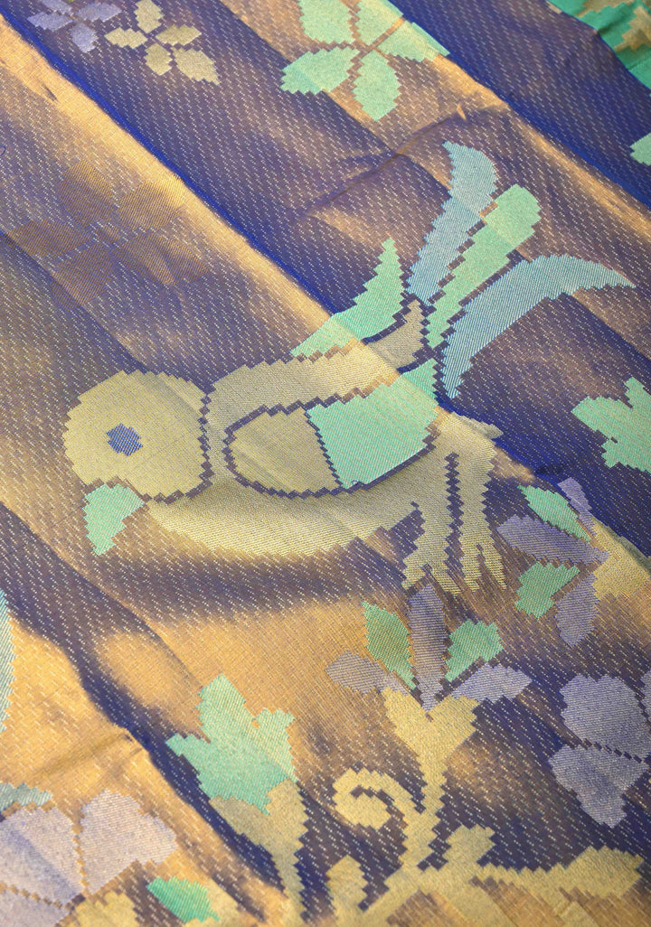 Purple-Gold Borderless Tissue Kanjivaram Pure Silk Saree with Meenakari Floral and Birds Motif  | SILK MARK CERTIFIED