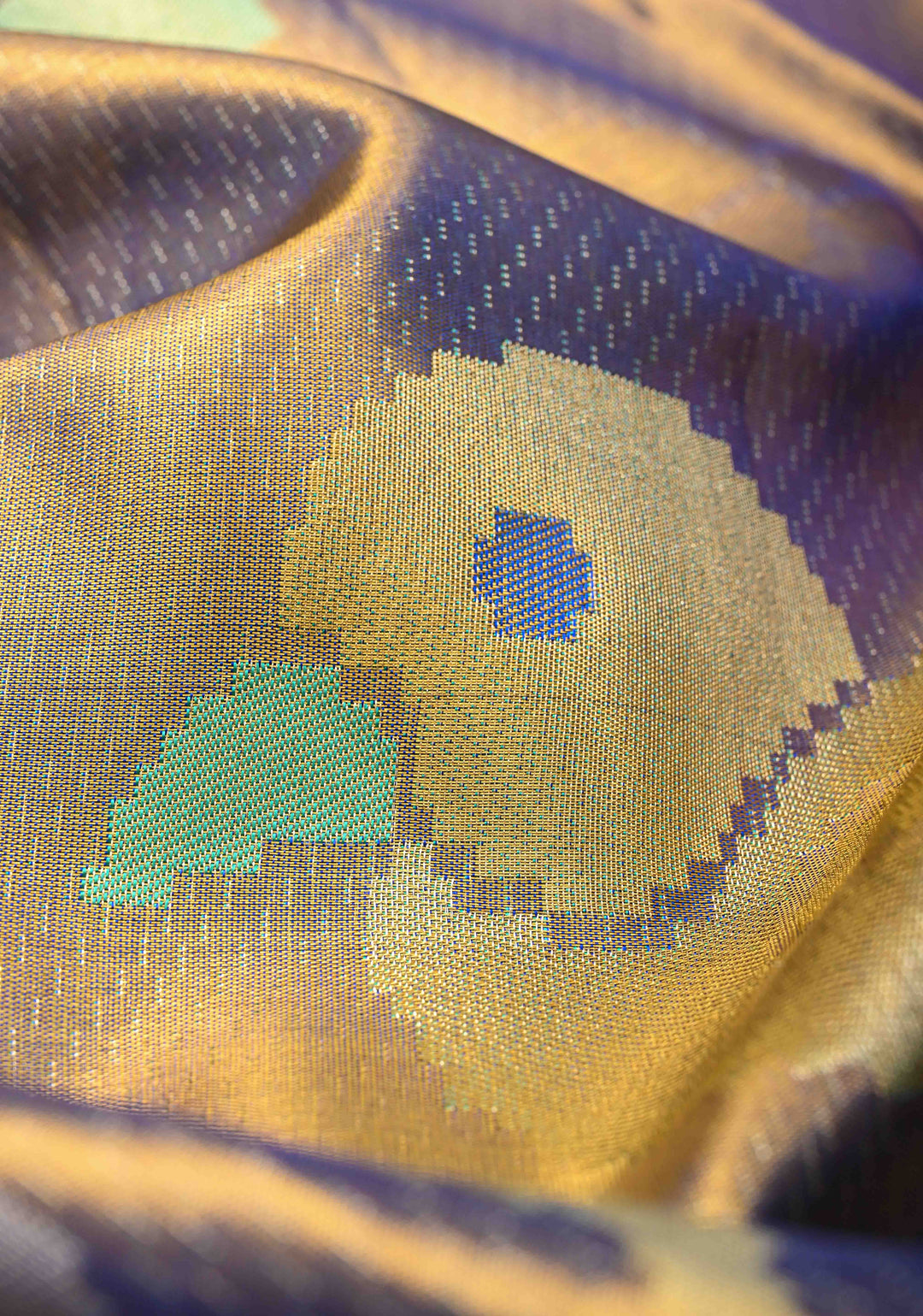 Purple-Gold Borderless Tissue Kanjivaram Pure Silk Saree with Meenakari Floral and Birds Motif  | SILK MARK CERTIFIED