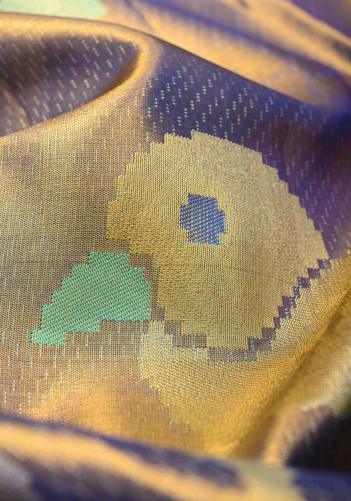 Purple-Gold Borderless Tissue Kanjivaram Pure Silk Saree with Meenakari Floral and Birds Motif  | SILK MARK CERTIFIED