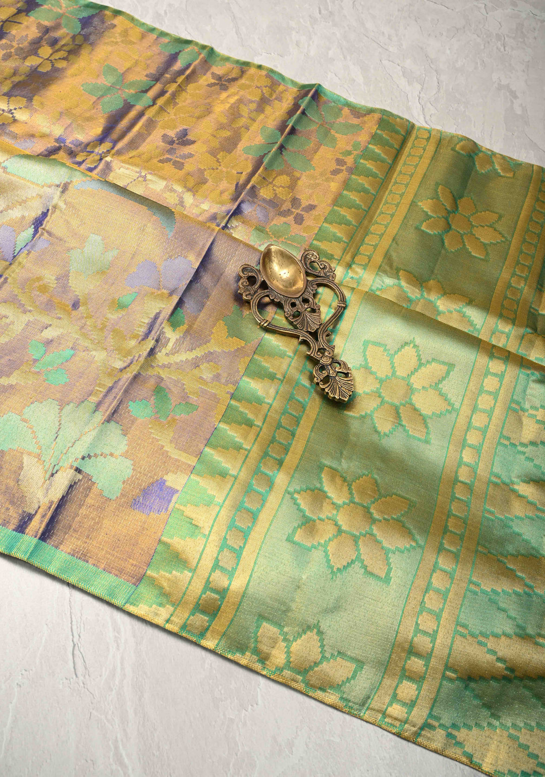 Purple-Gold Borderless Tissue Kanjivaram Pure Silk Saree with Meenakari Floral and Birds Motif  | SILK MARK CERTIFIED