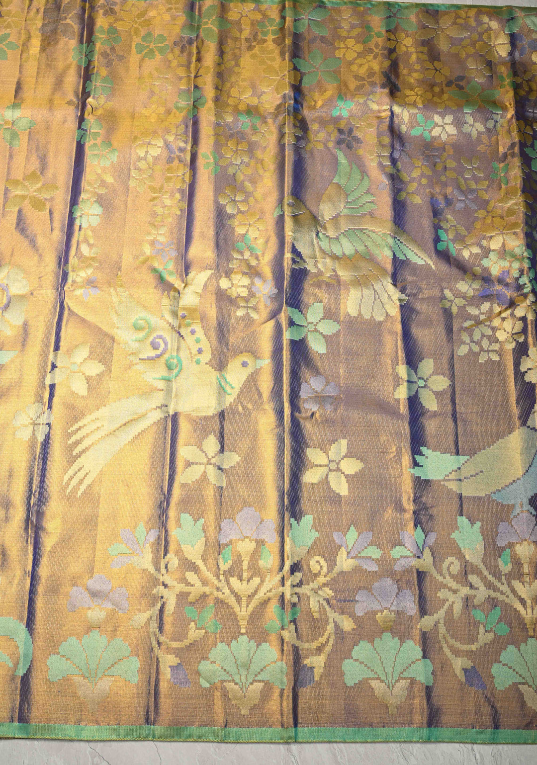 Purple-Gold Borderless Tissue Kanjivaram Pure Silk Saree with Meenakari Floral and Birds Motif  | SILK MARK CERTIFIED