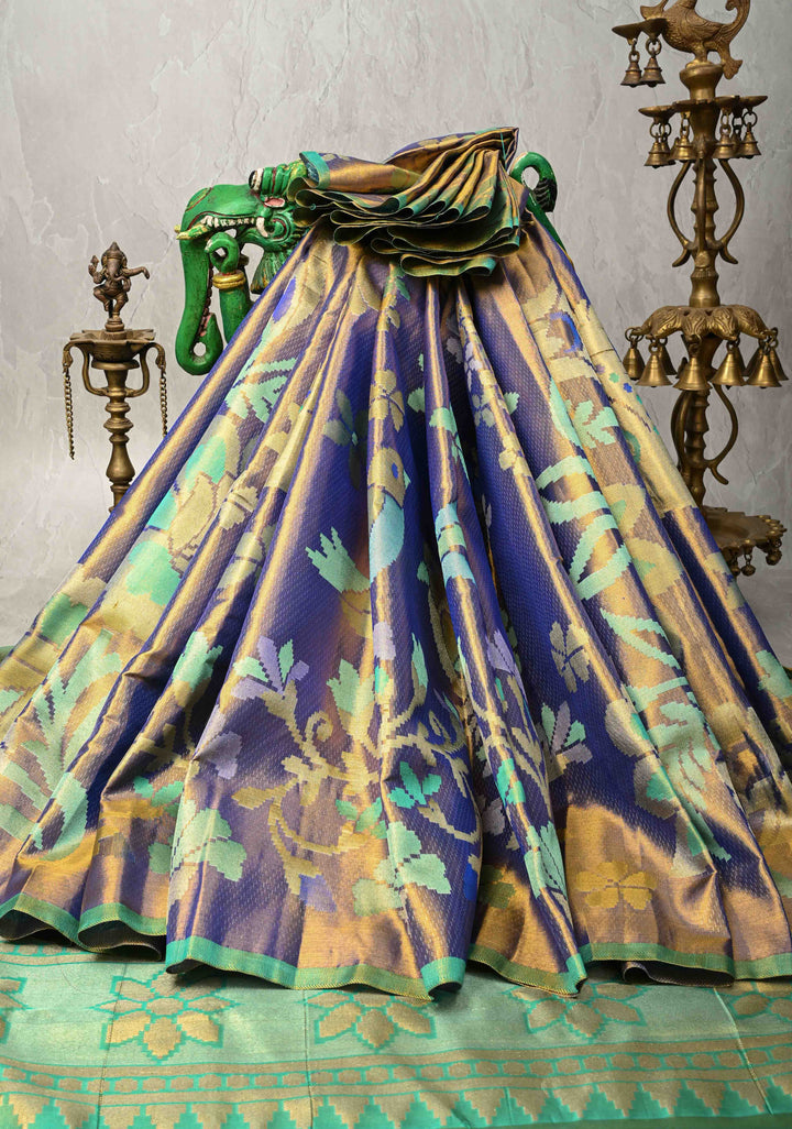 Purple-Gold Borderless Tissue Kanjivaram Pure Silk Saree with Meenakari Floral and Birds Motif  | SILK MARK CERTIFIED