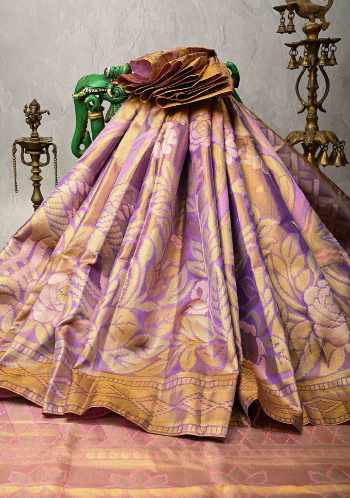 Lavender Tissue Kanjivaram Pure Silk Saree with Meenakari Floral Brocade Jaal  | SILK MARK CERTIFIED