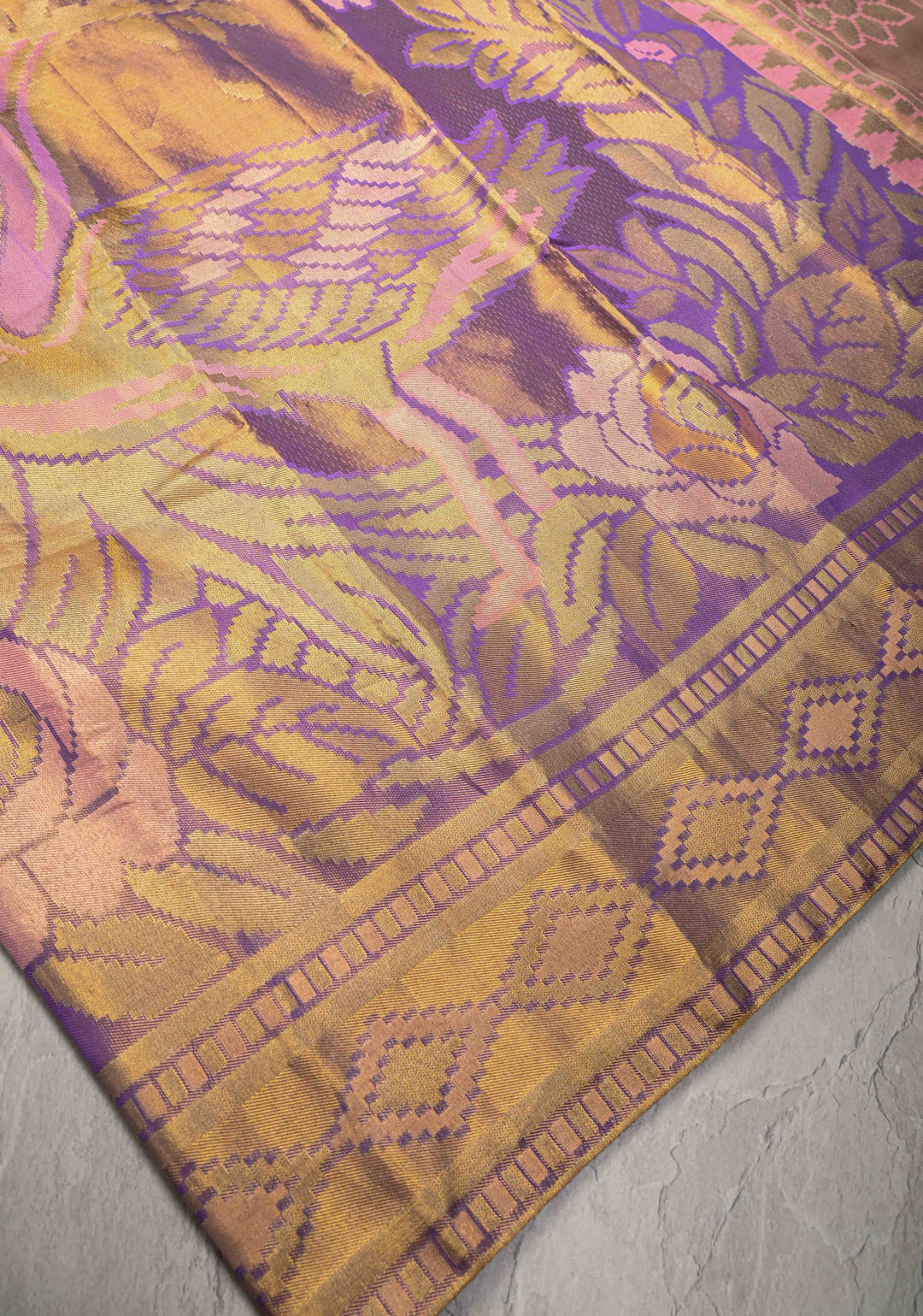 Lavender Tissue Kanjivaram Pure Silk Saree with Meenakari Floral Brocade Jaal  | SILK MARK CERTIFIED