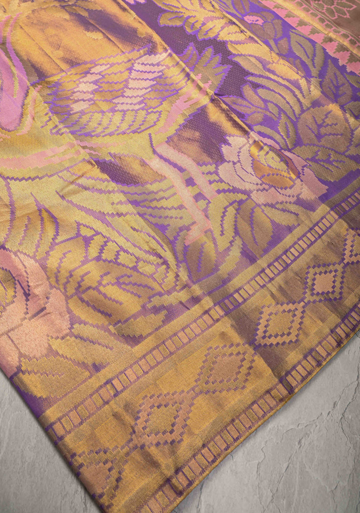 Lavender Tissue Kanjivaram Pure Silk Saree with Meenakari Floral Brocade Jaal  | SILK MARK CERTIFIED