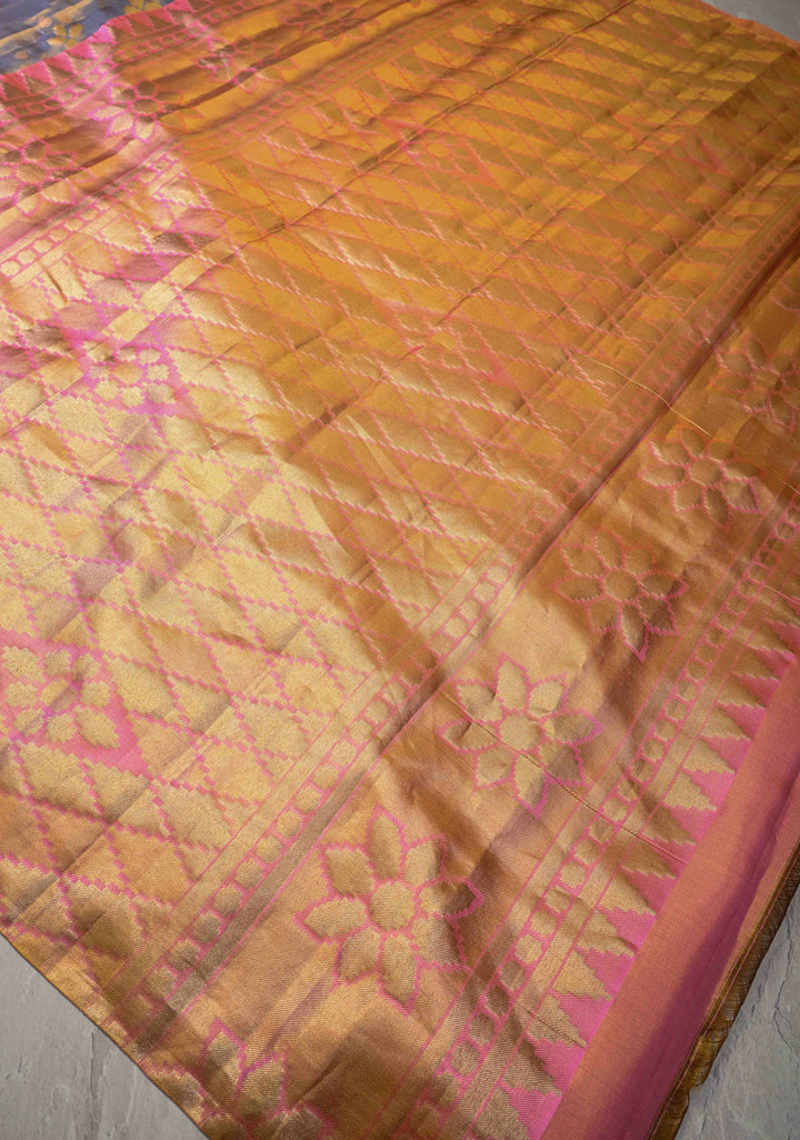 Gold-Blue Borderless Tissue Kanjivaram Pure Silk Saree with Meenakari Floral Motifs  | SILK MARK CERTIFIED