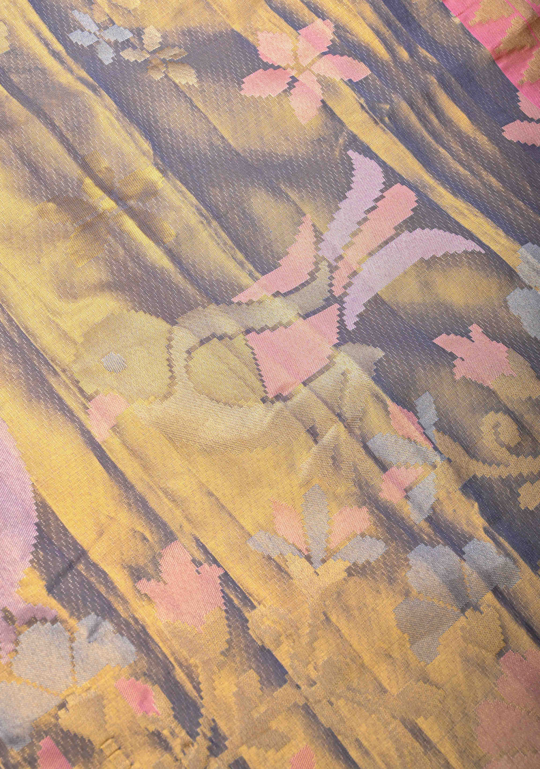 Gold-Blue Borderless Tissue Kanjivaram Pure Silk Saree with Meenakari Floral Motifs  | SILK MARK CERTIFIED