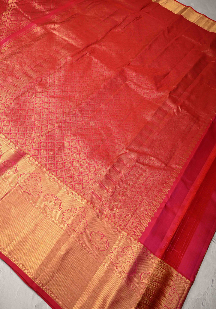 Reddish pink Kanjivaram Pure Silk Saree with Brocade and Zari Border | SILK MARK CERTIFIED