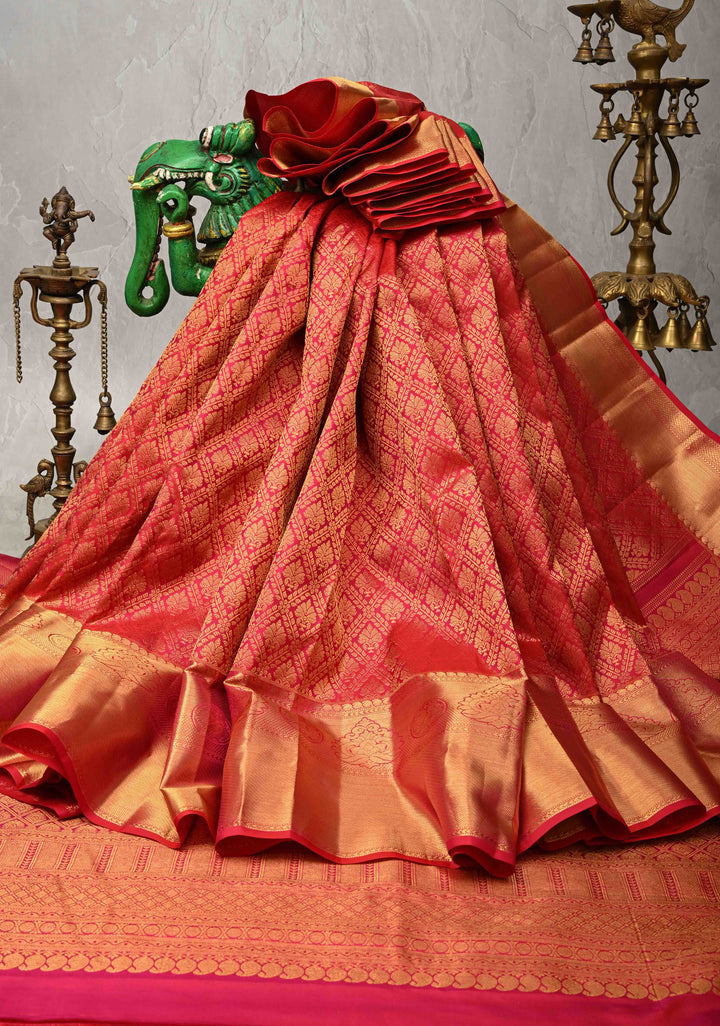 Reddish pink Kanjivaram Pure Silk Saree with Brocade and Zari Border | SILK MARK CERTIFIED
