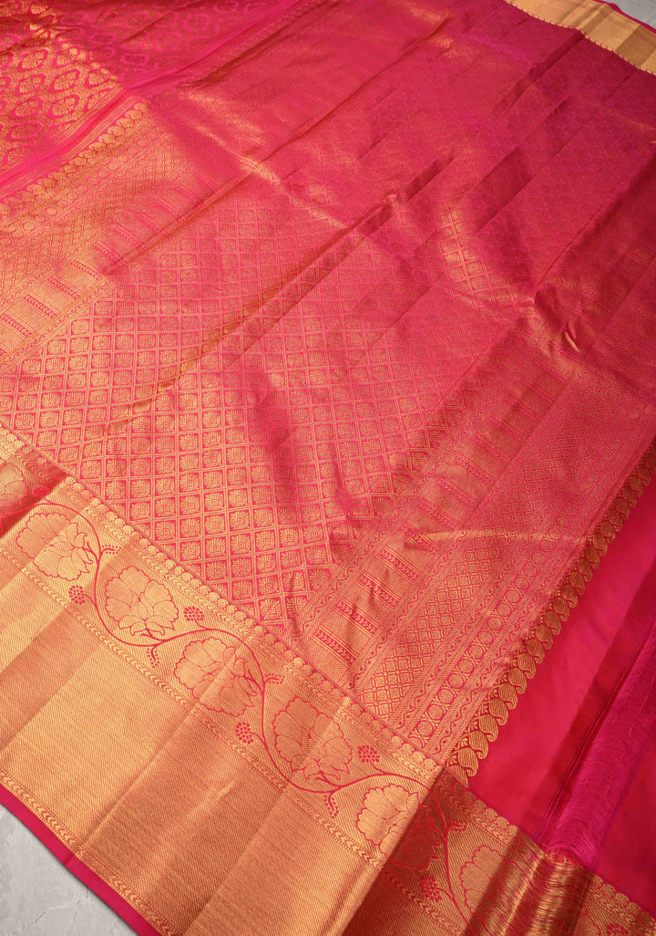 Pink Brocad Kanjivaram Pure Silk Saree with Zari Border | SILK MARK CERTIFIED