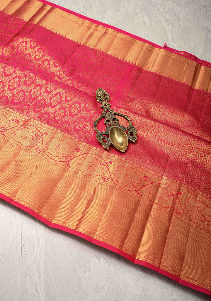 Pink Brocad Kanjivaram Pure Silk Saree with Zari Border | SILK MARK CERTIFIED