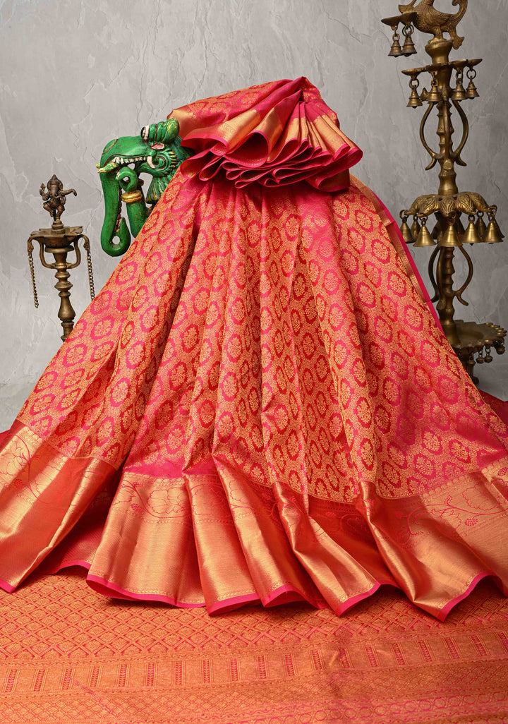 Pink Brocad Kanjivaram Pure Silk Saree with Zari Border | SILK MARK CERTIFIED