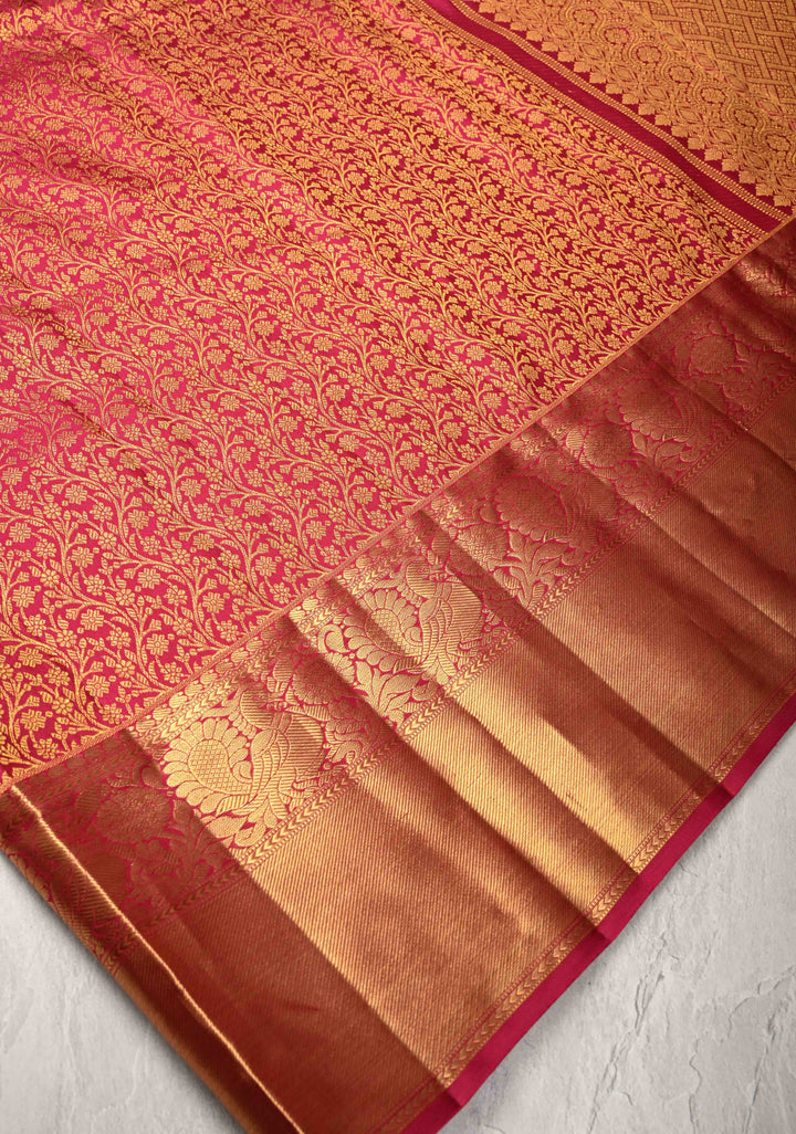 Majenta Floral Brocade Kanjivaram Pure Silk Saree with Zari Border | SILK MARK CERTIFIED