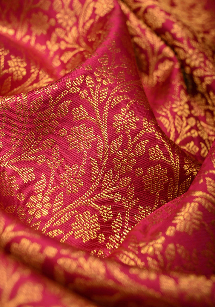 Majenta Floral Brocade Kanjivaram Pure Silk Saree with Zari Border | SILK MARK CERTIFIED
