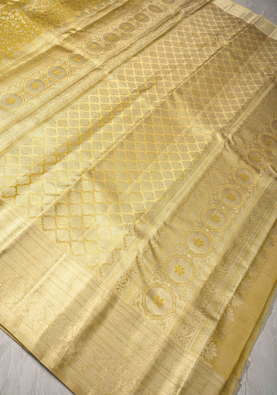 Golden Yellow Tissue  Kanjivaram Pure Silk Saree with Floral Brocade and Zari Border | SILK MARK CERTIFIED