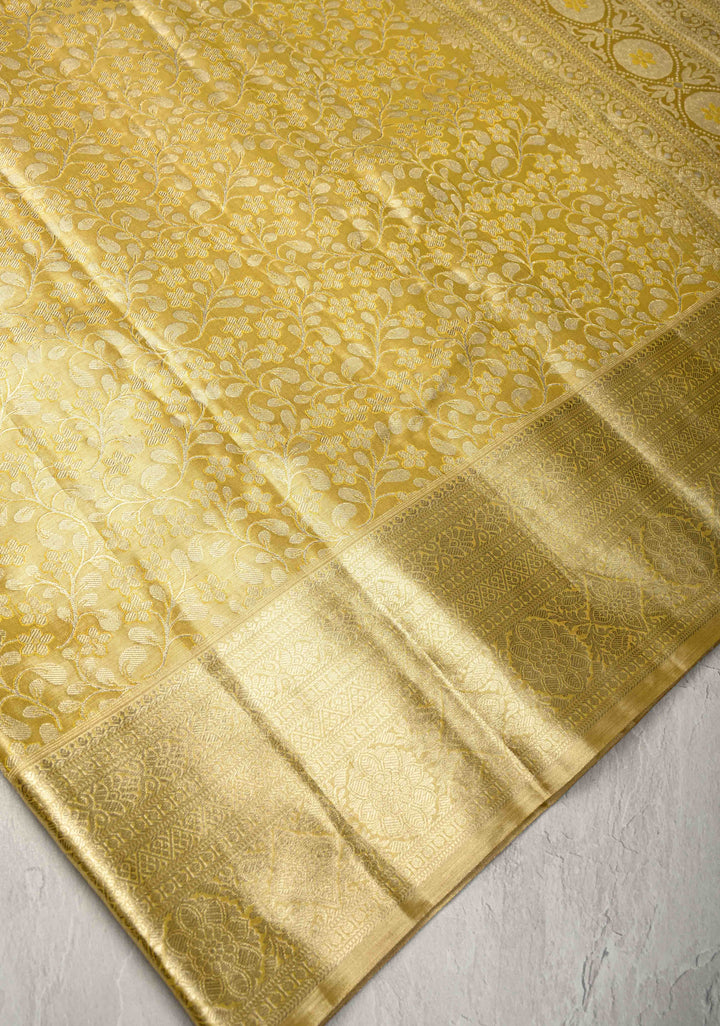 Golden Yellow Tissue  Kanjivaram Pure Silk Saree with Floral Brocade and Zari Border | SILK MARK CERTIFIED