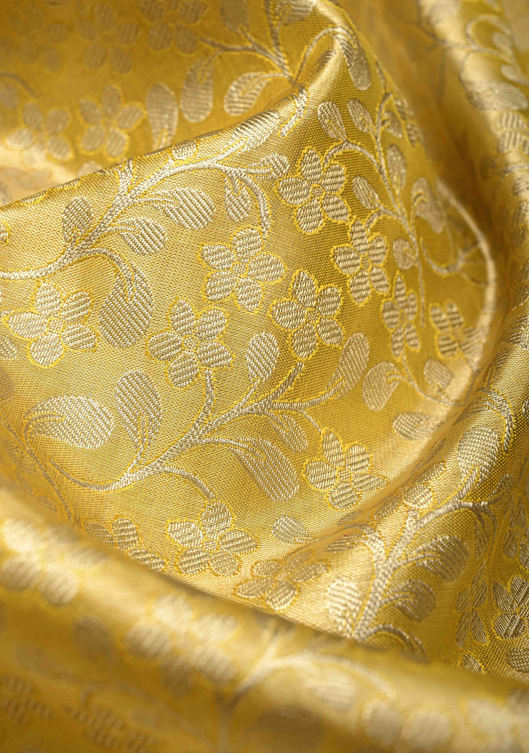 Golden Yellow Tissue  Kanjivaram Pure Silk Saree with Floral Brocade and Zari Border | SILK MARK CERTIFIED