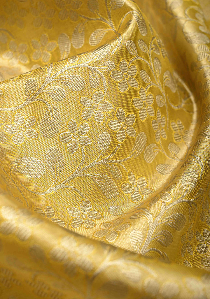 Golden Yellow Tissue  Kanjivaram Pure Silk Saree with Floral Brocade and Zari Border | SILK MARK CERTIFIED