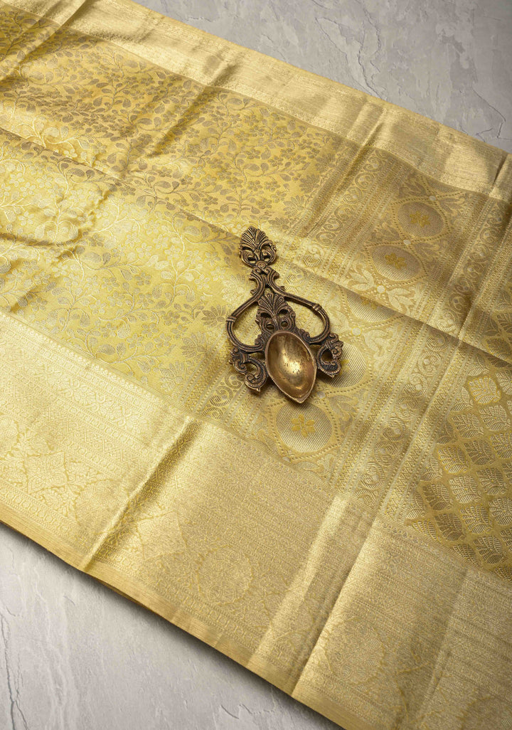 Golden Yellow Tissue  Kanjivaram Pure Silk Saree with Floral Brocade and Zari Border | SILK MARK CERTIFIED