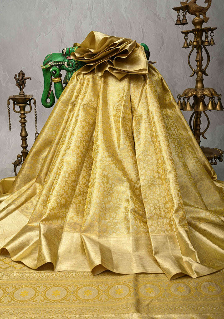 Golden Yellow Tissue  Kanjivaram Pure Silk Saree with Floral Brocade and Zari Border | SILK MARK CERTIFIED
