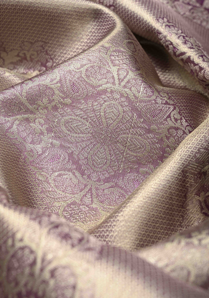 Dusty Lilac Silver Tissue  Kanjivaram Pure Silk Saree with Geomatric Design and Zari Border | SILK MARK CERTIFIED