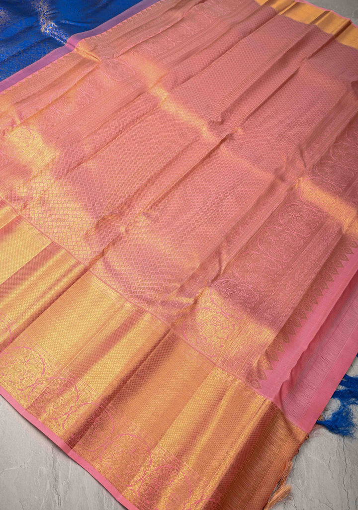 Royal Blue Kanjivaram Silk Saree with Trellis Brocade and  Korvai Contrast Zari Border | SILK MARK CERTIFIED