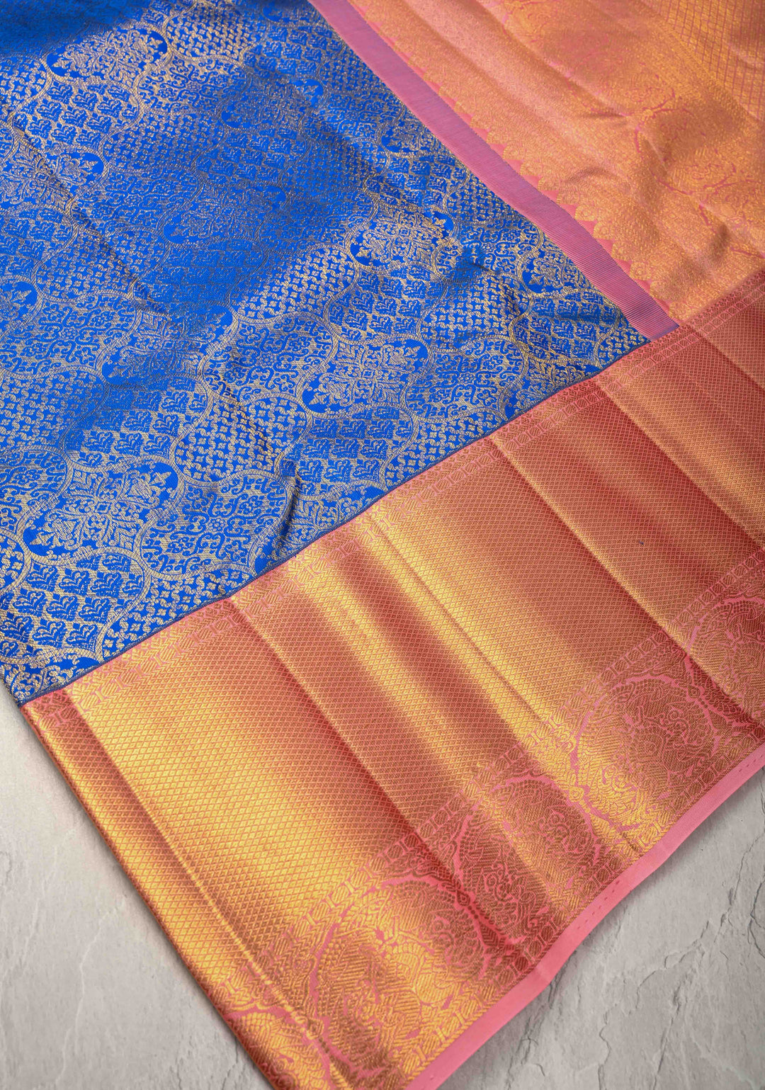 Royal Blue Kanjivaram Silk Saree with Trellis Brocade and  Korvai Contrast Zari Border | SILK MARK CERTIFIED