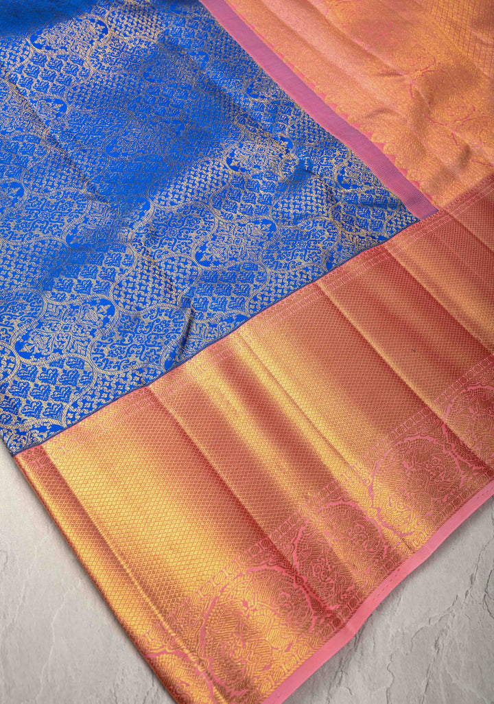 Royal Blue Kanjivaram Silk Saree with Trellis Brocade and  Korvai Contrast Zari Border | SILK MARK CERTIFIED