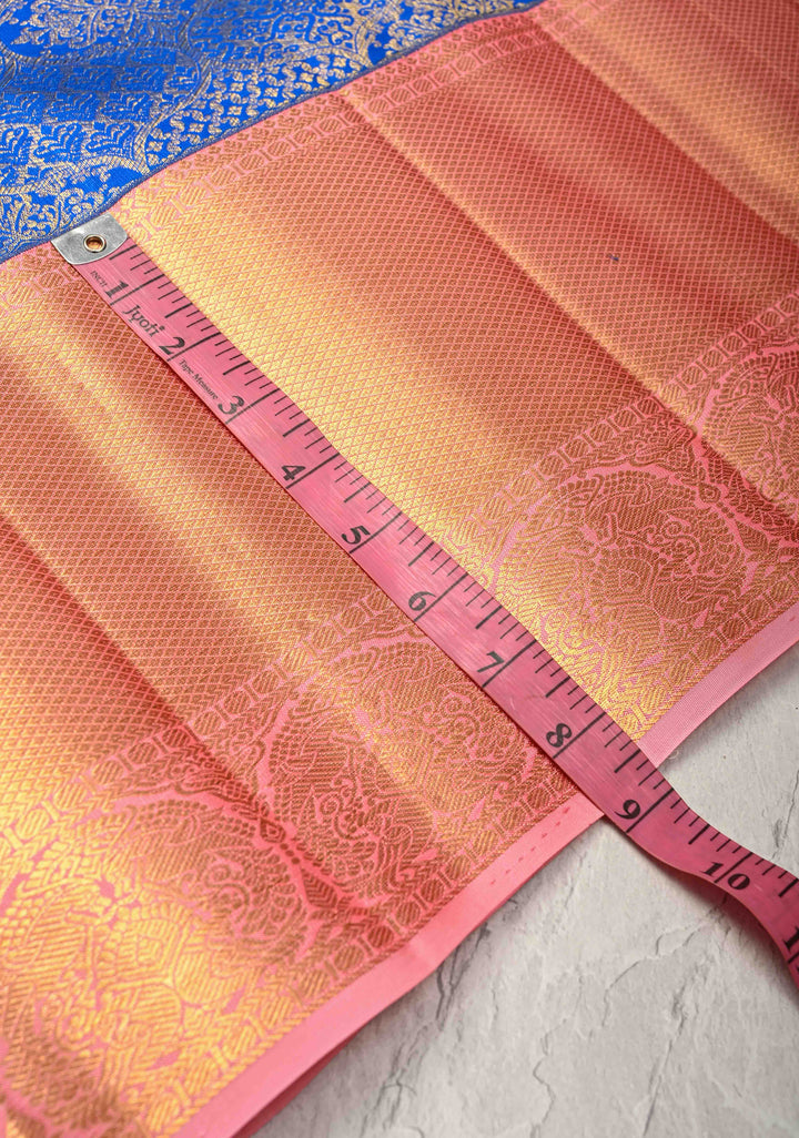 Royal Blue Kanjivaram Silk Saree with Trellis Brocade and  Korvai Contrast Zari Border | SILK MARK CERTIFIED