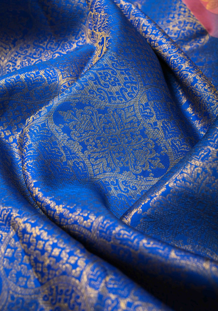 Royal Blue Kanjivaram Silk Saree with Trellis Brocade and  Korvai Contrast Zari Border | SILK MARK CERTIFIED