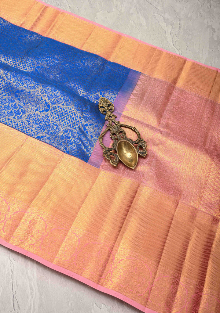Royal Blue Kanjivaram Silk Saree with Trellis Brocade and  Korvai Contrast Zari Border | SILK MARK CERTIFIED