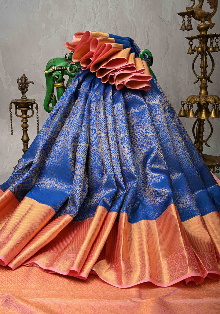 Royal Blue Kanjivaram Silk Saree with Trellis Brocade and  Korvai Contrast Zari Border | SILK MARK CERTIFIED