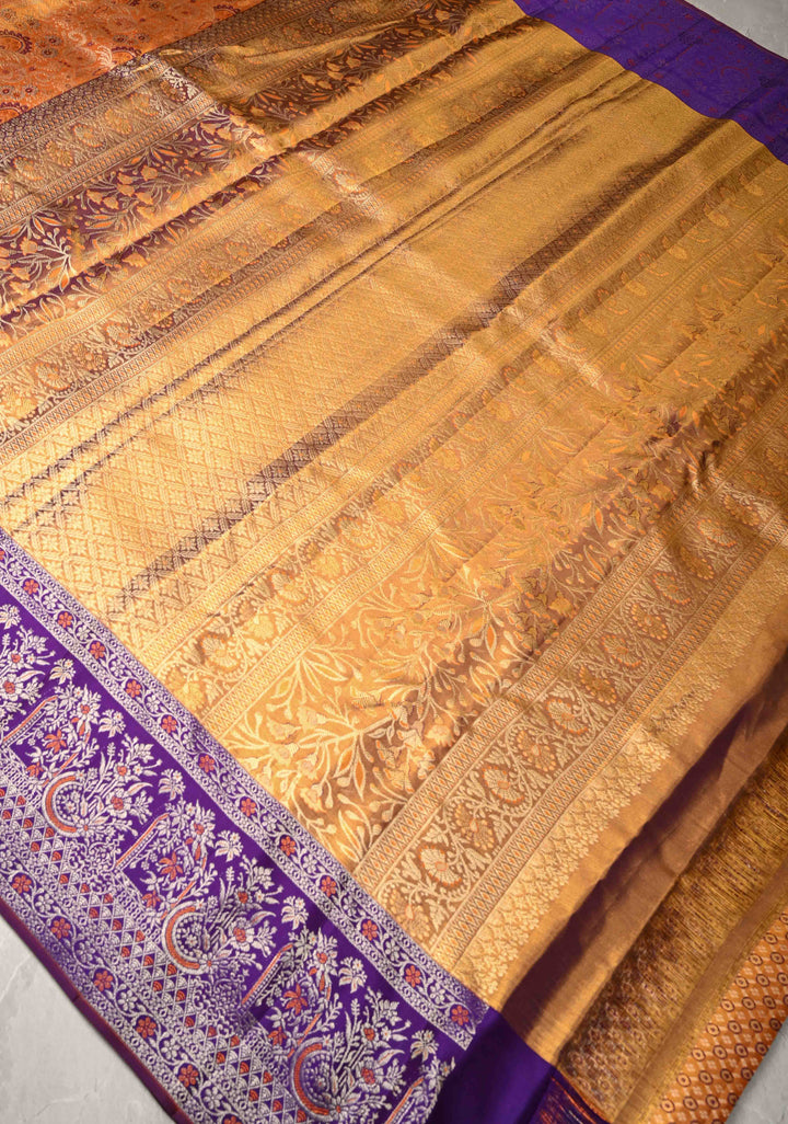 Orange Tissue  Kanjivaram Pure Silk Saree with Meenakari Floral Brocade and Contrast Zari Border | SILK MARK CERTIFIED