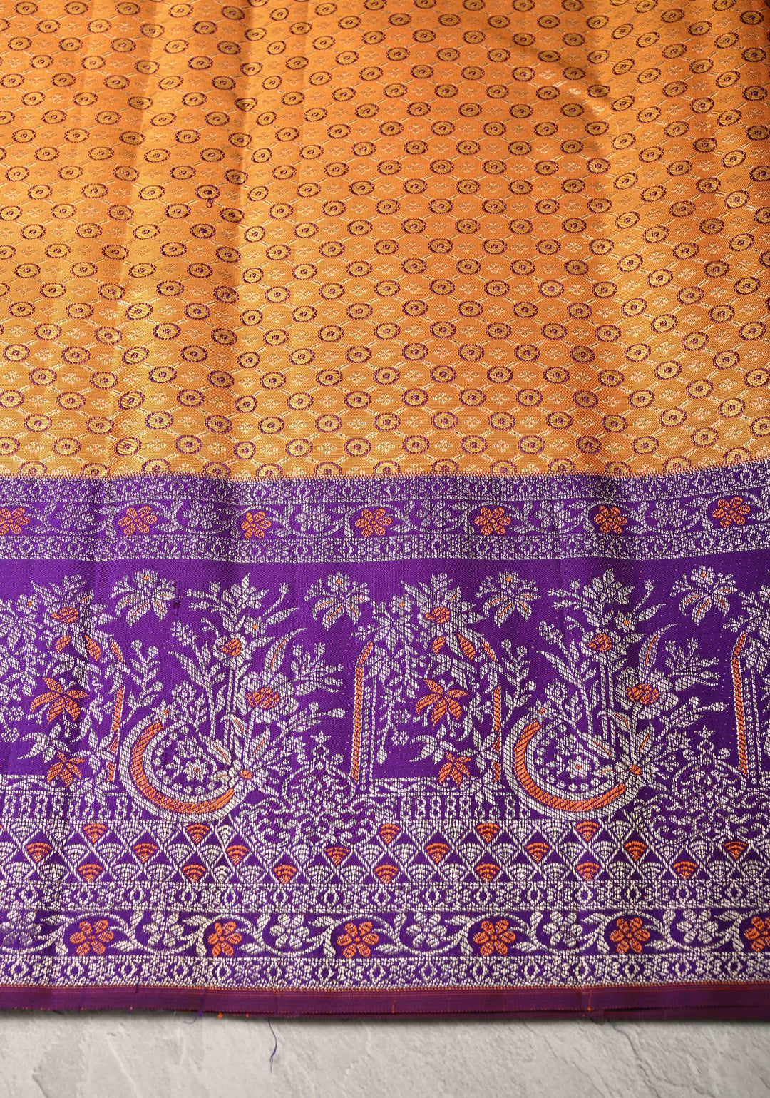 Orange Tissue  Kanjivaram Pure Silk Saree with Meenakari Floral Brocade and Contrast Zari Border | SILK MARK CERTIFIED