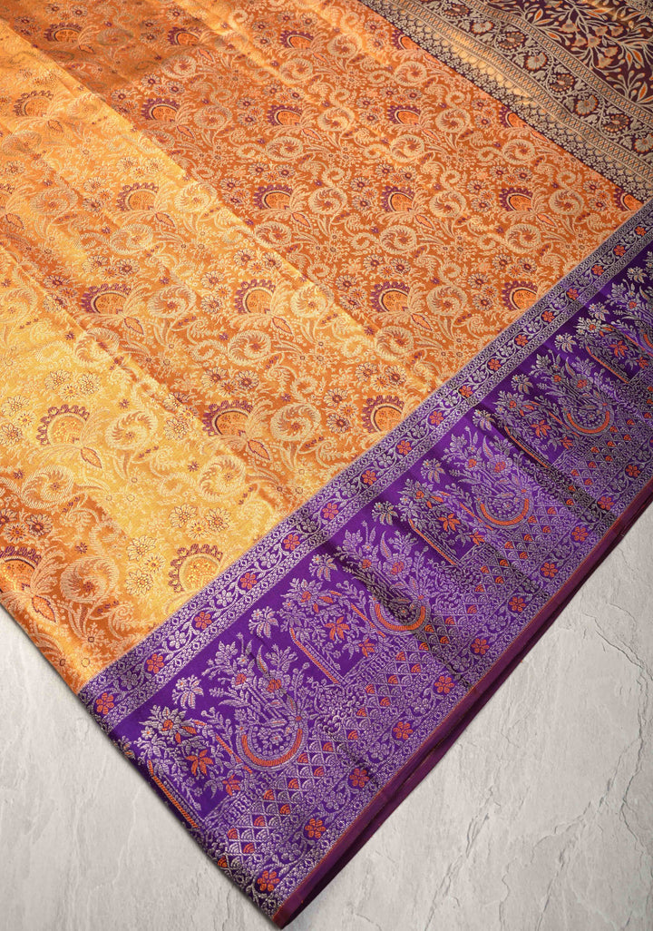 Orange Tissue  Kanjivaram Pure Silk Saree with Meenakari Floral Brocade and Contrast Zari Border | SILK MARK CERTIFIED