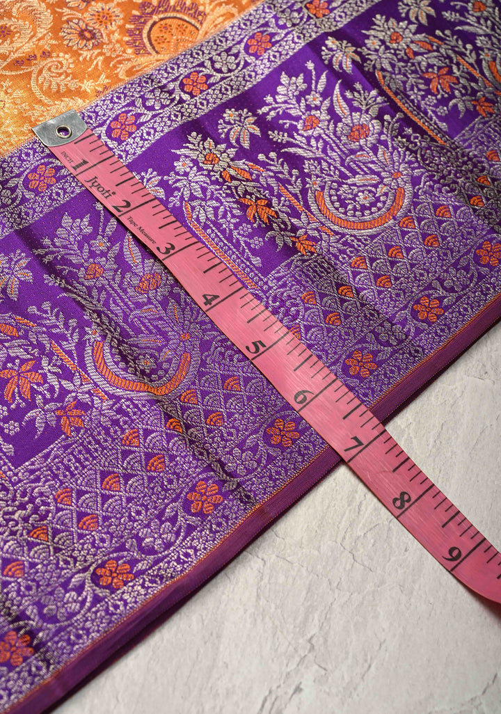 Orange Tissue  Kanjivaram Pure Silk Saree with Meenakari Floral Brocade and Contrast Zari Border | SILK MARK CERTIFIED